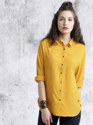 Women Mustard Regular Fit Solid Casual Shirt