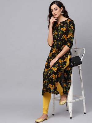 Women Black & Mustard Yellow Printed Straight Kurta