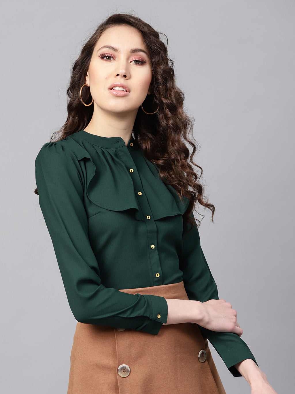 Women Green Ruffled Shirt Style Top