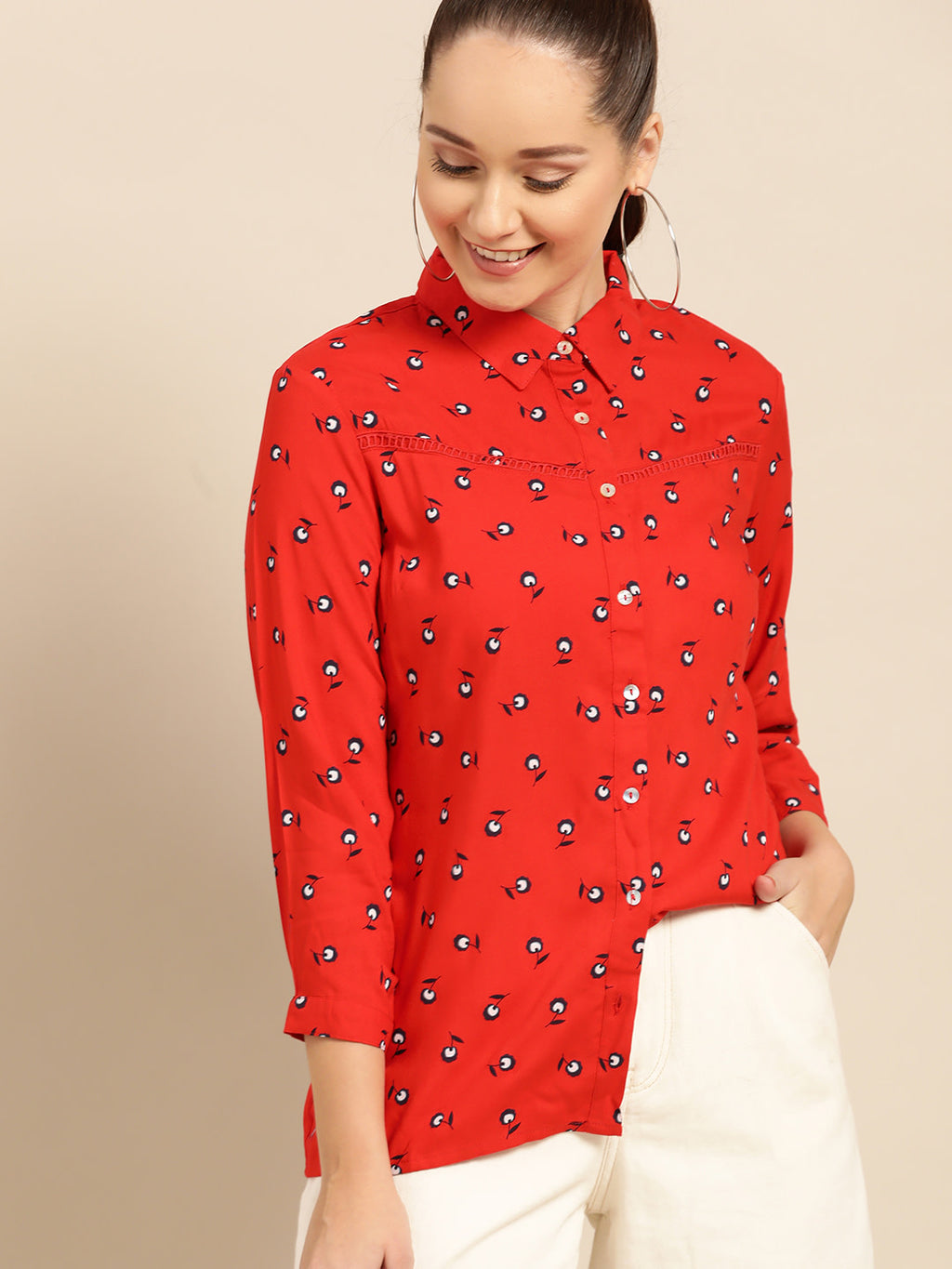 Women Red & Navy Blue Regular Fit Printed Casual Shirt