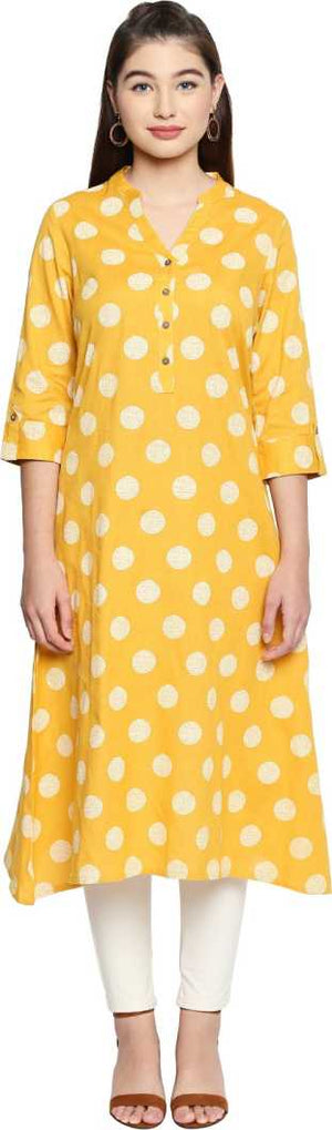 Women Polka Print Cotton Blend Straight Kurta (White, Yellow)