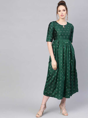 Women Polka Print Polyester Ethnic Dress (Green)