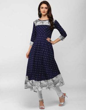 Women Polka Print Cotton Rayon Blend Flared Kurta (Blue)