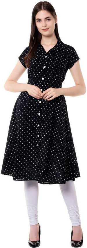 Women Polka Print Pure Cotton A-line Kurti (Black)