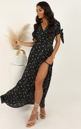 Picking It Up Maxi Wrap Dress In Dark Navy Floral