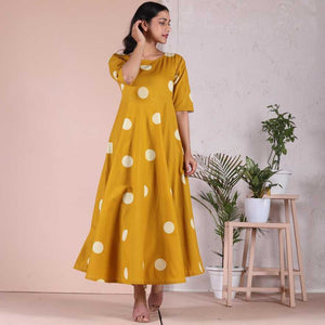 Women Polka Print Cambric Flared Kurta (Yellow)